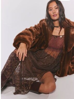 Women’s Brown Sheer Embellished Maxi Dress